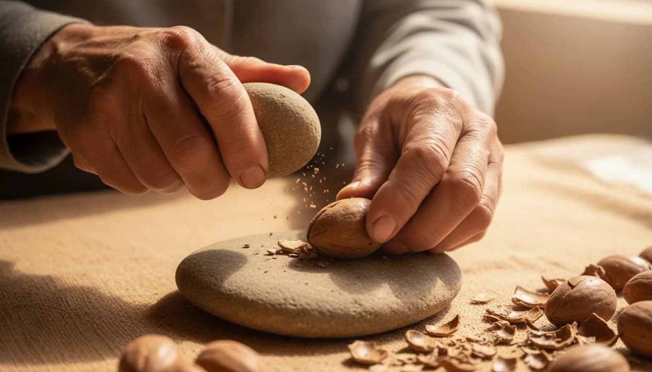 Two hands opening an argan nut between two stones.