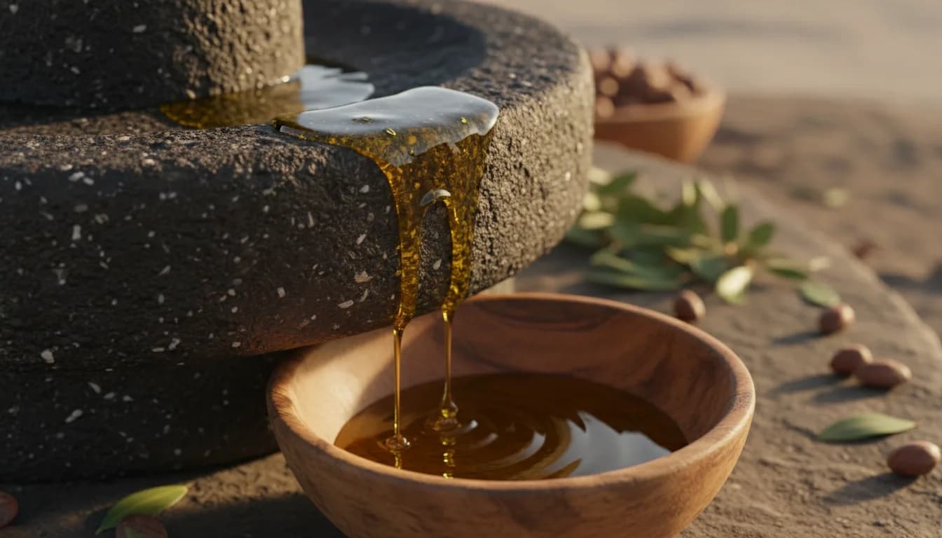 Argan oil running from a stone mill into a wooden bowl.
